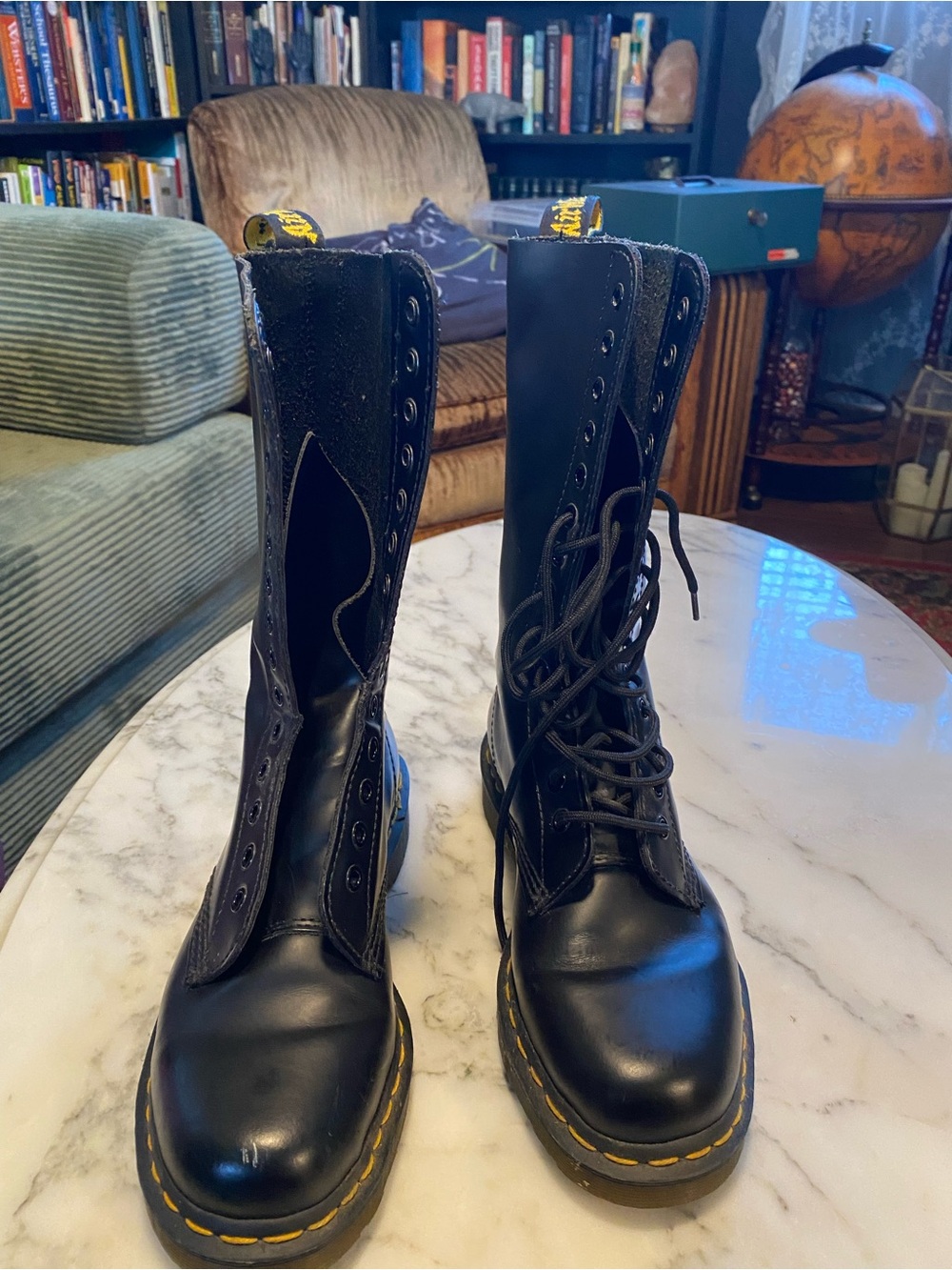 Dr. Martens Black 14-Eye Lace-Up Combat Boots with Yellow Stitching - Picture 9 of 14